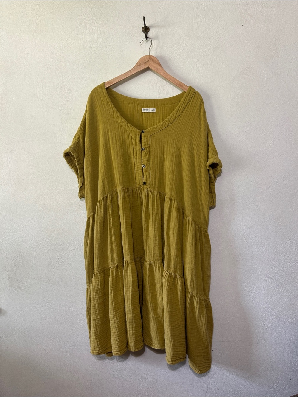 Sonoma Button-Neck Tiered Dress in Mustard Green